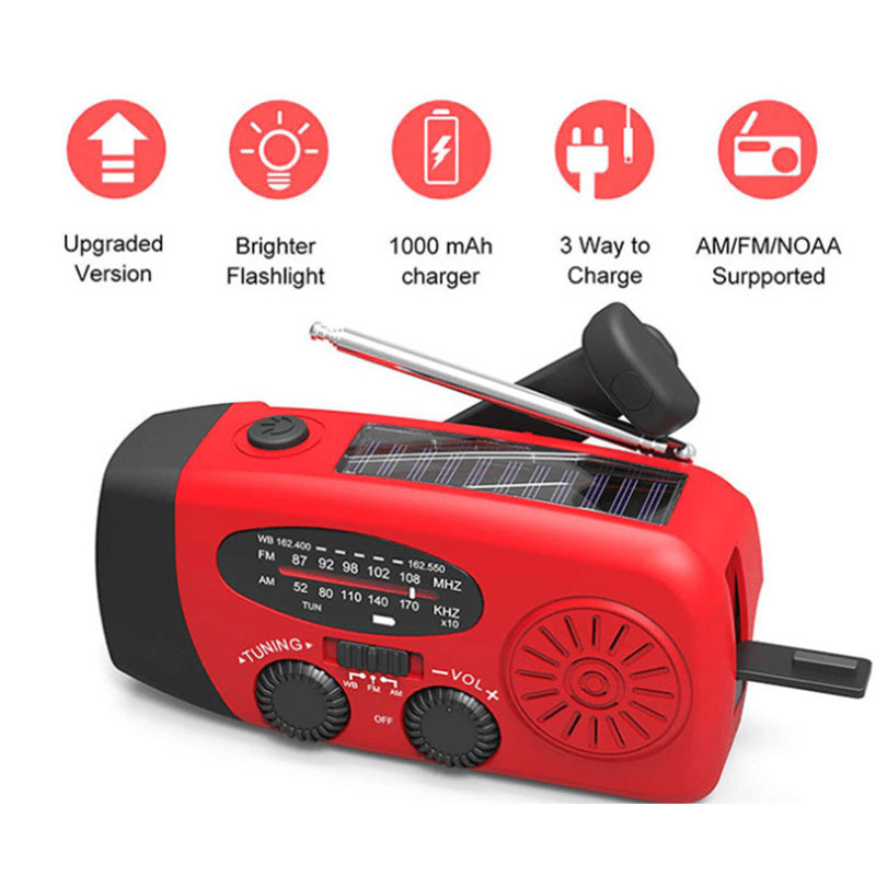 Displays red radio flashlight with description.