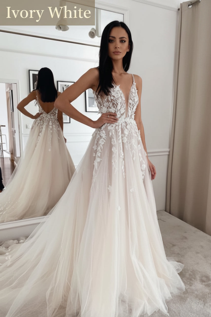 The White Ivy A-line Tulle Dress with Plunging V-Neckline and Floral lace Appliqués - Trusted Best Sellers™. All Rights Reserved. Trusted Best Sellers LLC.