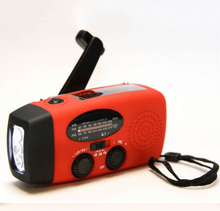 Displays red radio flashlight with product features.
