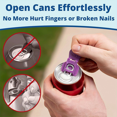 Person using a can opener on a can with text 'Open Cans Effortlessly' and 'No More Hurt Fingers or Broken Nails'.