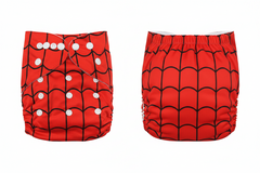 A pair of red reusable cloth diaper covers with a black spiderweb pattern, shown from both the front and back views on a plain white background.