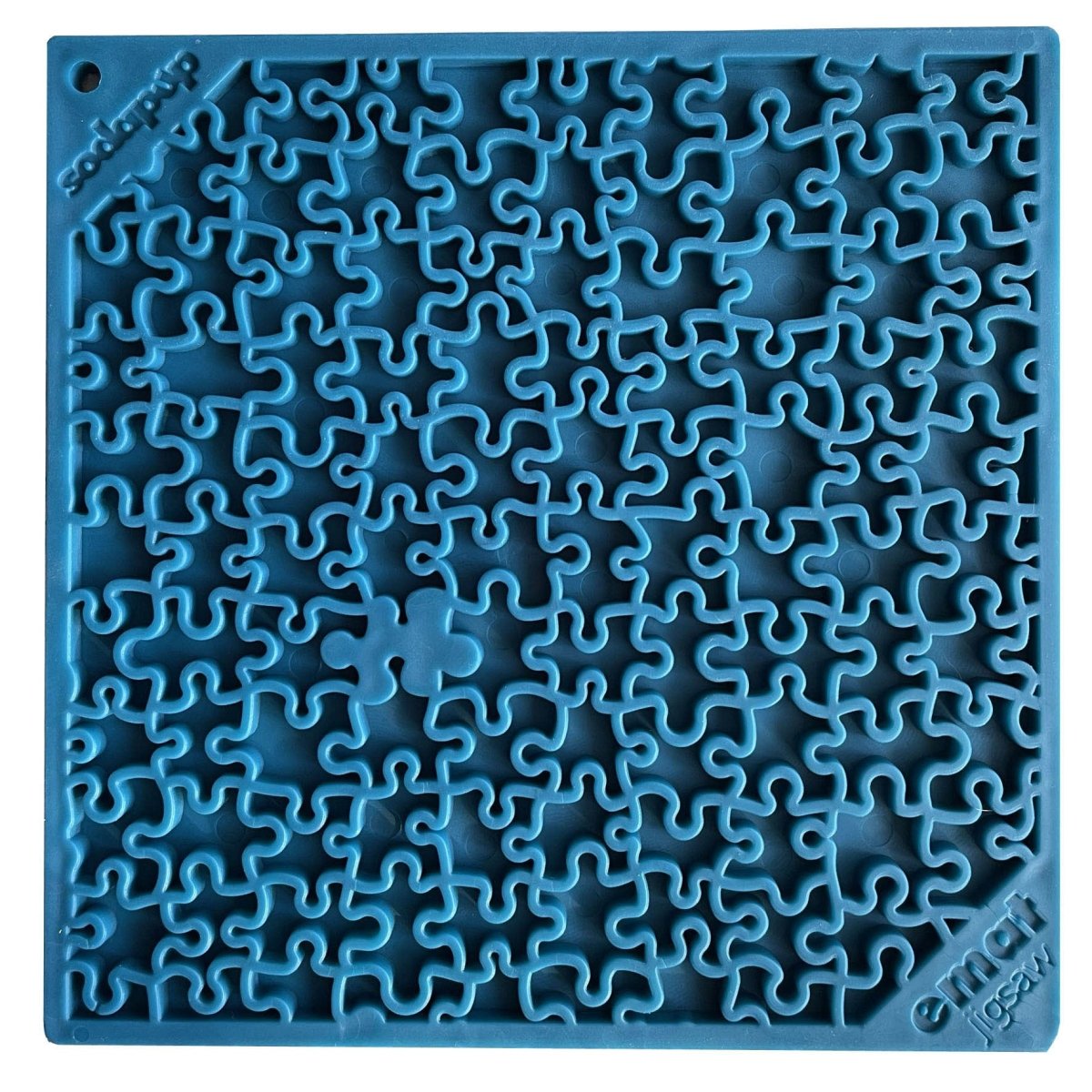 Blue silicone jigsaw puzzle mat with interlocking piece design for slow feeding and mental stimulation.