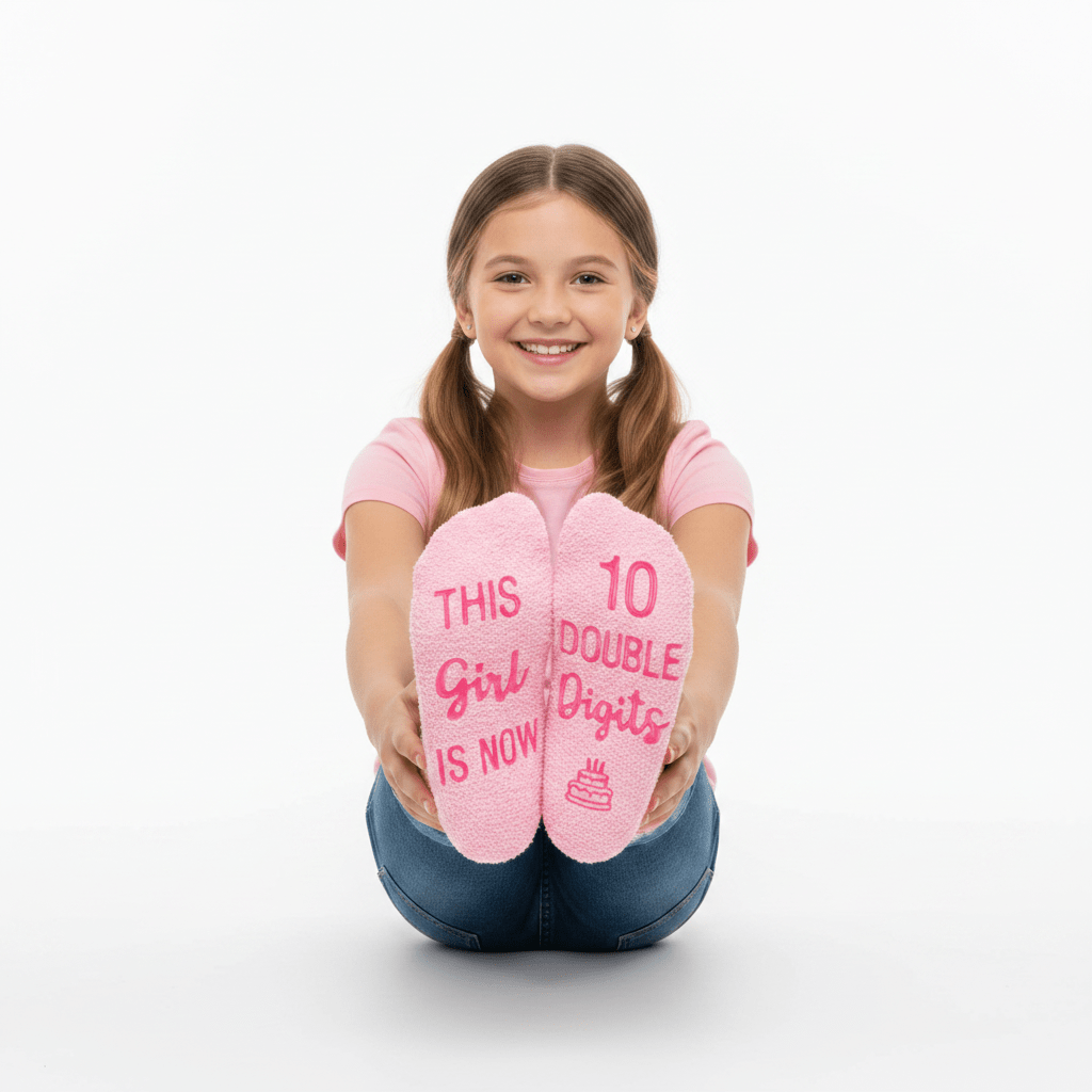 The soles of the socks are printed with the text 'THIS Girl IS NOW 10 DOUBLE Digits' and a small birthday cake graphic.