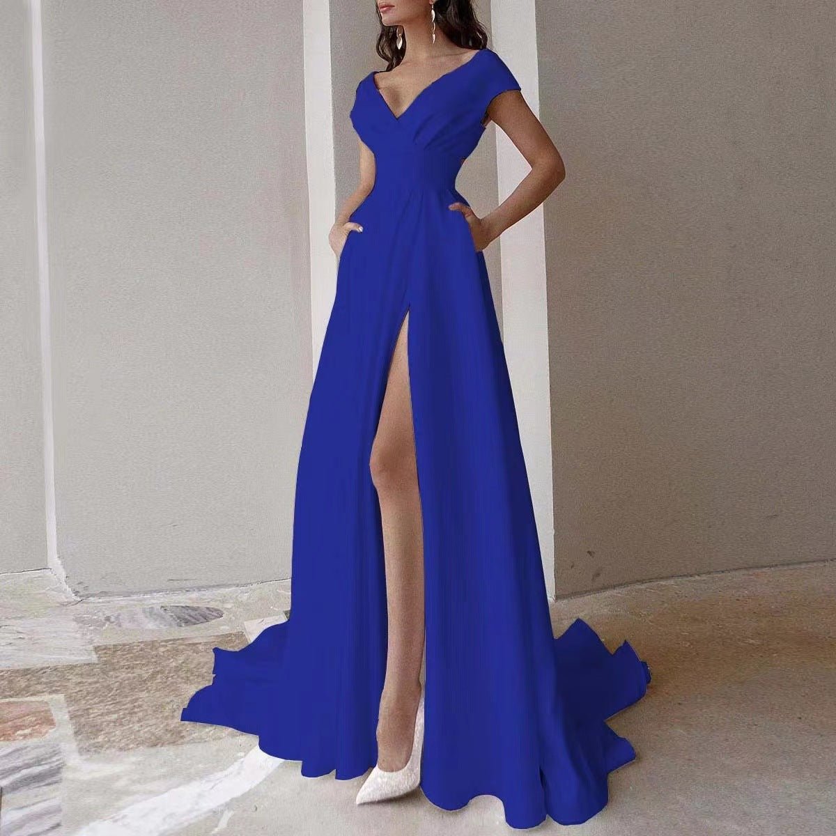 The Roxane™ Elegant Women's V-Neck Ruffle Hem Midi Dress - Trusted Best Sellers™