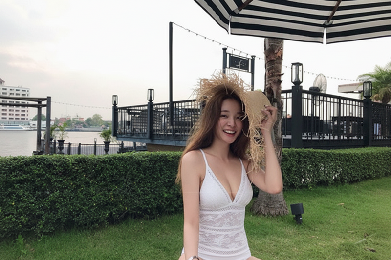 A woman wearing a white lace halter-neck swimsuit and a straw hat stands outdoors on a grassy lawn near a waterfront walkway, with a black-and-white striped umbrella overhead.