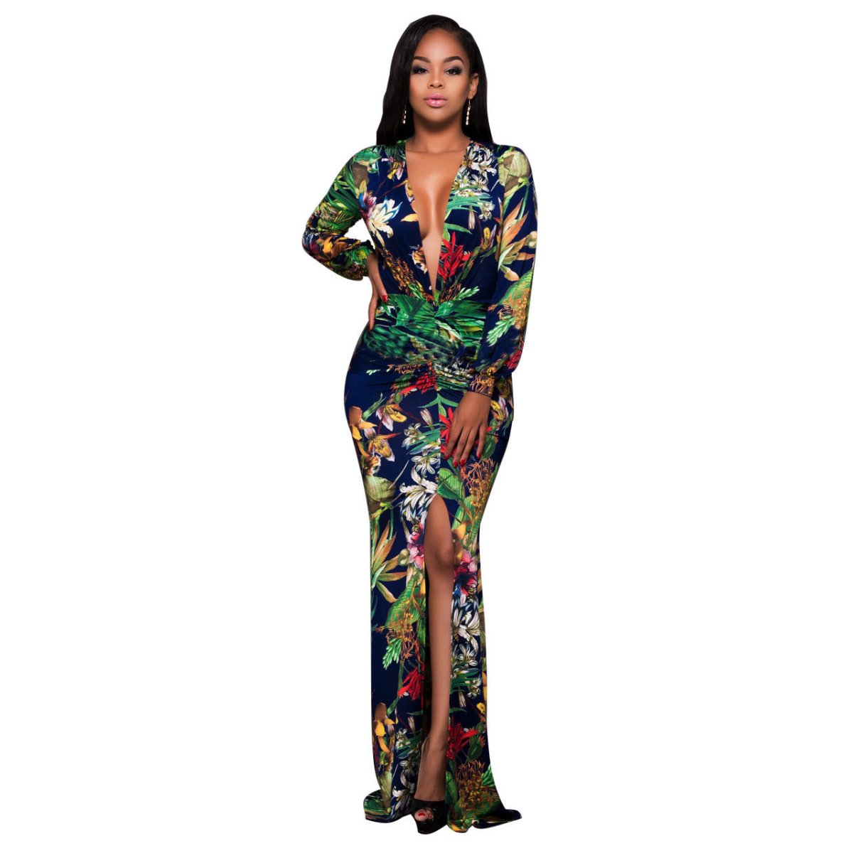 The Paradise Long-sleeved Maxi Dress - Bold Floral Print High Waist V-Neck With Split - Trusted Best Sellers™