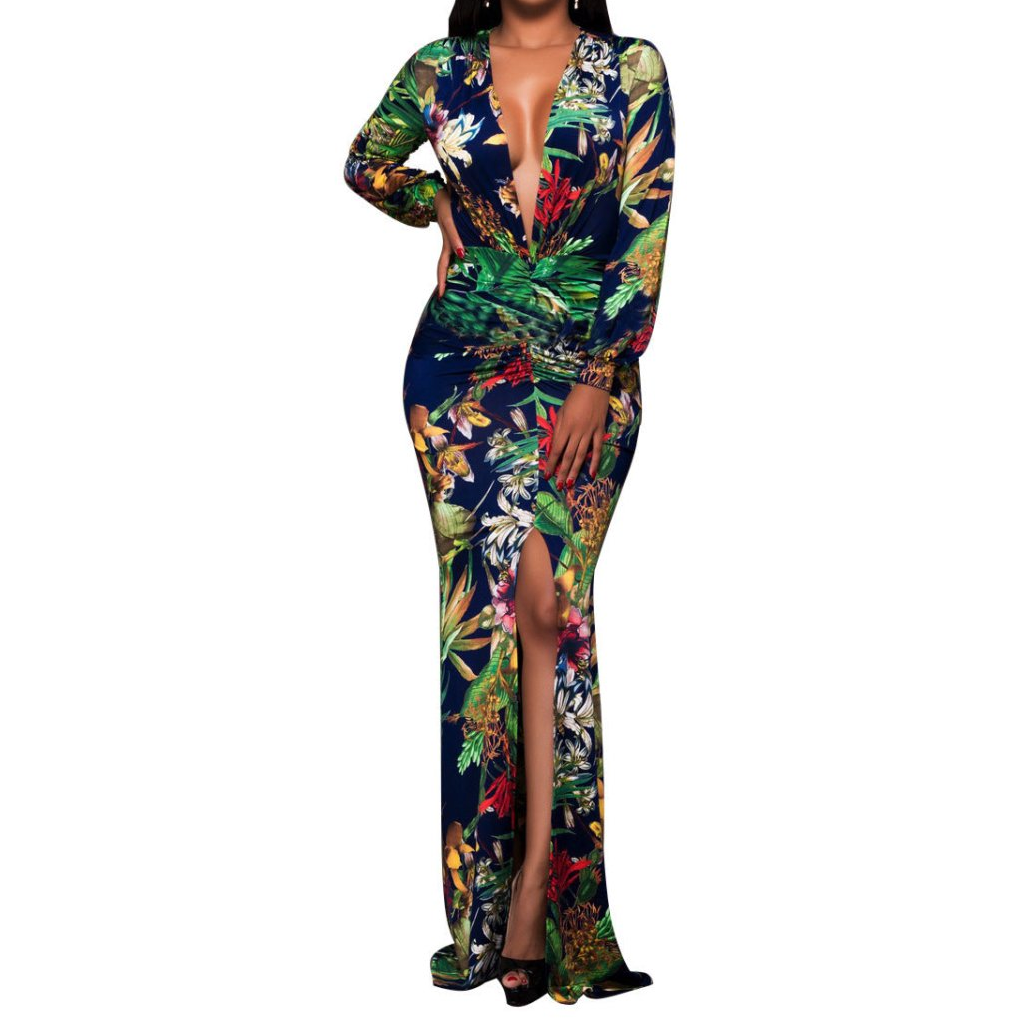 The Paradise Long-sleeved Maxi Dress - Bold Floral Print High Waist V-Neck With Split - Trusted Best Sellers™. All Rights Reserved. Trusted Best Sellers LLC.
