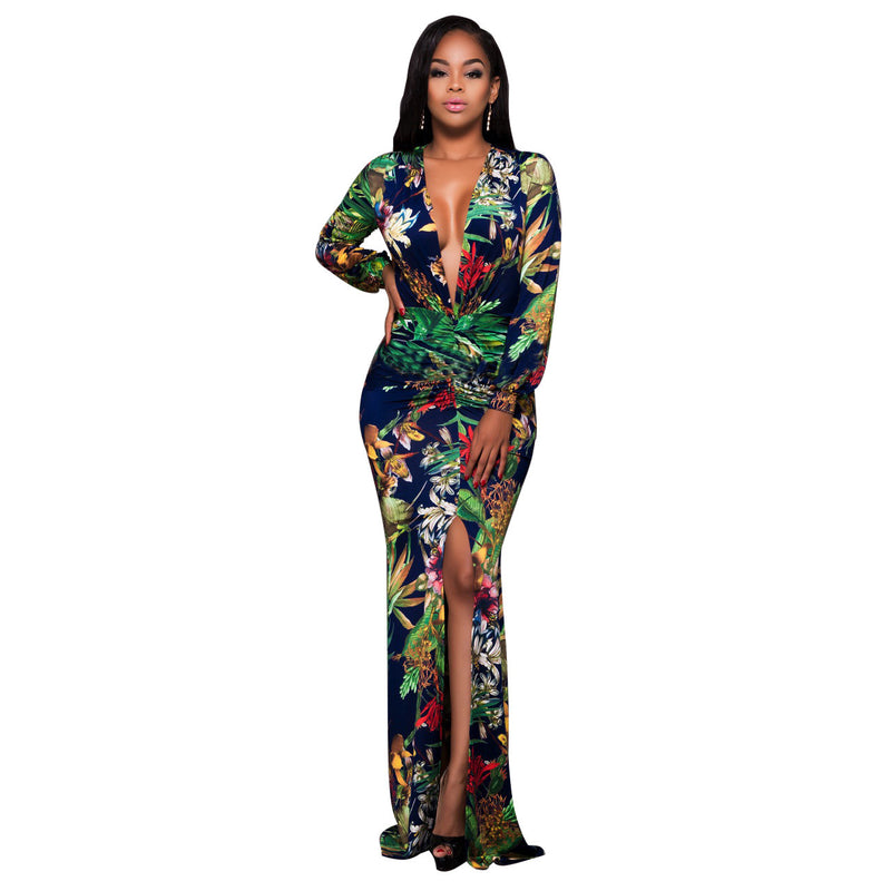 The Paradise Bold Floral Print High Waist V-Neck Split Long-sleeved Maxi Dress