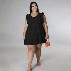 Women's Casual V-neck Sleeveless Ruffled Dress
