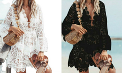 A side-by-side comparison of a women's lace cover-up dress shown in two color options: white on the left and black on the right. Both versions feature a deep V-neckline, long bell sleeves, and a scalloped lace hem.