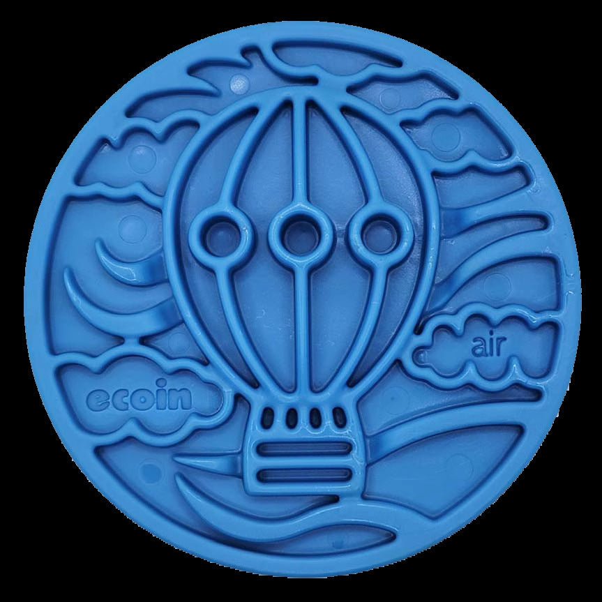 Blue air-themed circular token with hot air balloon design, ideal for slow feeding and mental stimulation.