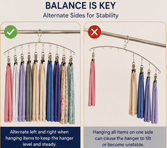 Hanging scarf tutorial with text explaining balance and stability on a hanger.
