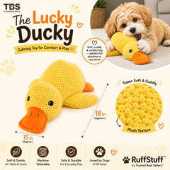 Yellow crocheted duck toy with orange beak and feet, shown on a light beige promotional graphic with a small dog holding one end of the toy. Text includes 'The Lucky Ducky', dimensions, plush texture callout, and RuffStuff branding.