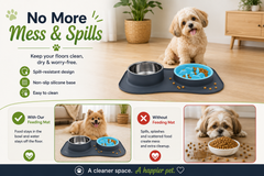 A small fluffy dog sits beside a dark gray spill-resistant pet feeding mat with a stainless steel bowl and a blue food bowl on a light wood floor. The image includes marketing text and three smaller inset panels showing the feeding mat in use, with a dog, food, and spilled kibble.