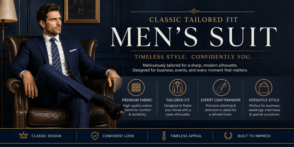 Classic Tailored Fit Men's Suit – Classic Navy Muted Windowpane Check - Trusted Best Sellers™