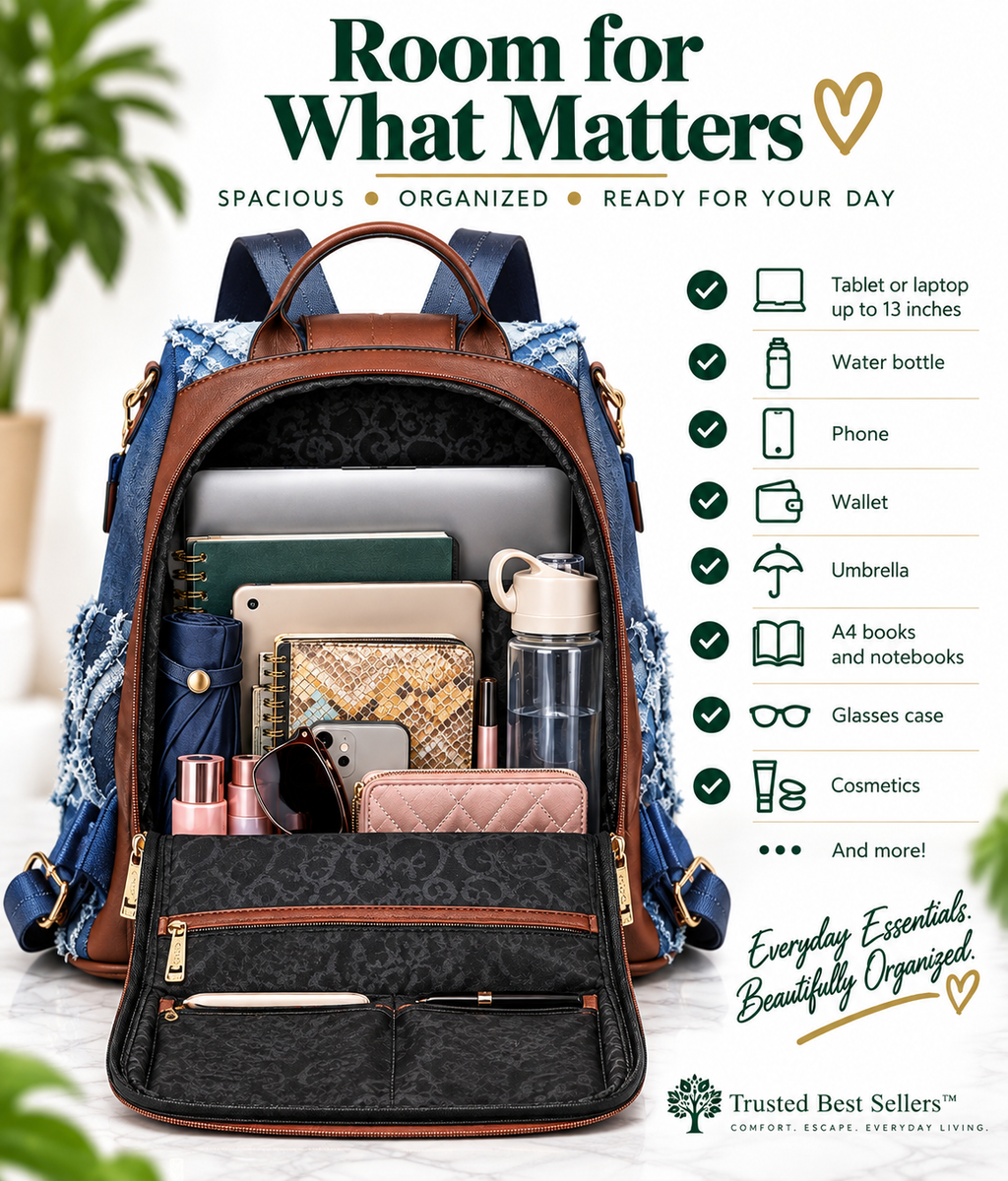 An open brown and blue backpack shown filled with everyday essentials, set against a clean light background with promotional text reading 'Room for What Matters' and a checklist of items it can hold.