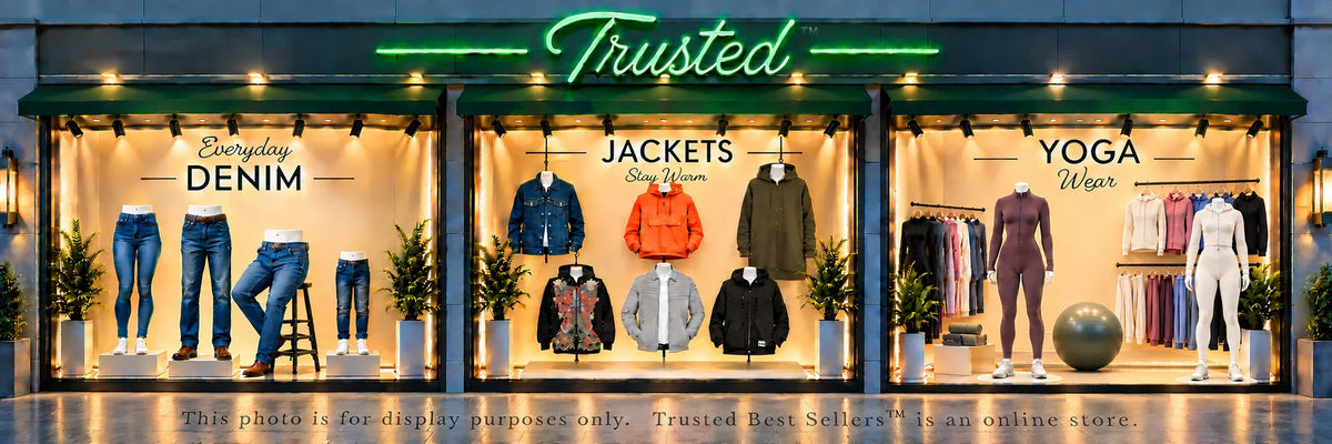 A storefront window display with three illuminated sections labeled 'Everyday Denim', 'Jackets', and 'Yoga Wear', showing mannequins and racks of clothing. A green neon-style 'Trusted' sign is above the windows, and the scene is set against a dark exterior background.
