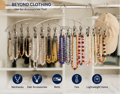 Clothing rack with jewelry and accessories hanging on hooks, labeled for necklaces, hair accessories, belts, ties, and lightweight items.