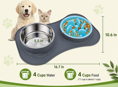 A pet feeding mat with two bowls shown on a light beige background with a dog and cat illustration, plus overlaid size measurements (16.7 in width, 10.