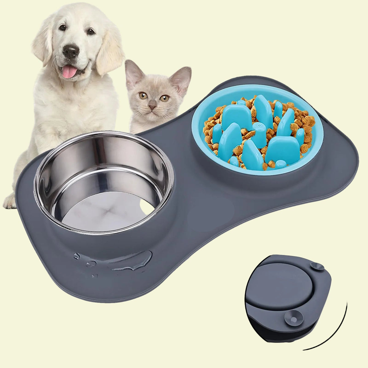 RuffStuff™ 3-in-1 Slow Feeder Dog Bowl Set with Non-Slip Mat &amp; Stainless Steel Bowl - Trusted Best Sellers™