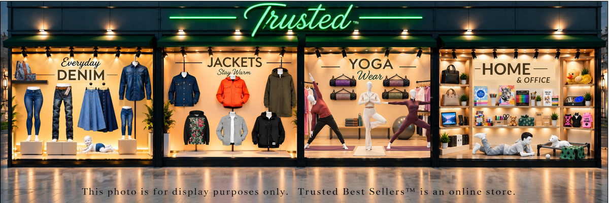 A storefront window display with four illuminated sections labeled 'Essentials DENIM', 'JACKETS', 'YOGA', and 'HOME & OFFICE'. Mannequins and clothing racks display jeans, jackets, tops, and bags.