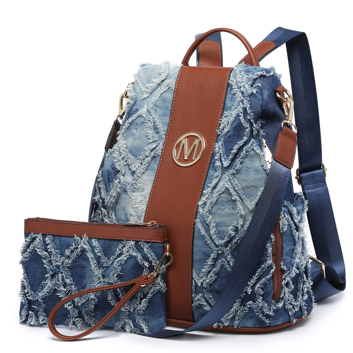 Denim-patterned backpack with brown accents on a white background