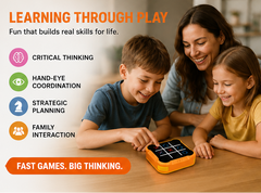 Family playing a game together with educational text about learning through play.