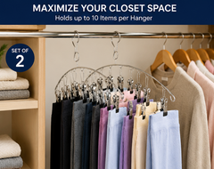 Clothing hangers with clothes on a rack, with text about maximizing closet space.