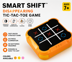 Smart Shift disappearing Tic-Tac-Toe game packaging with features listed on a white background