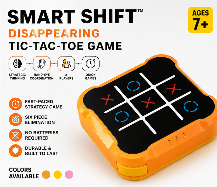 Smart Shift disappearing Tic-Tac-Toe game packaging with features listed on a white background