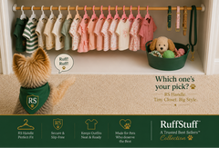 TBS Pet Clothing Hanger 12-Pack with pet clothing and accessories displayed, featuring Ruff Stuff branding.