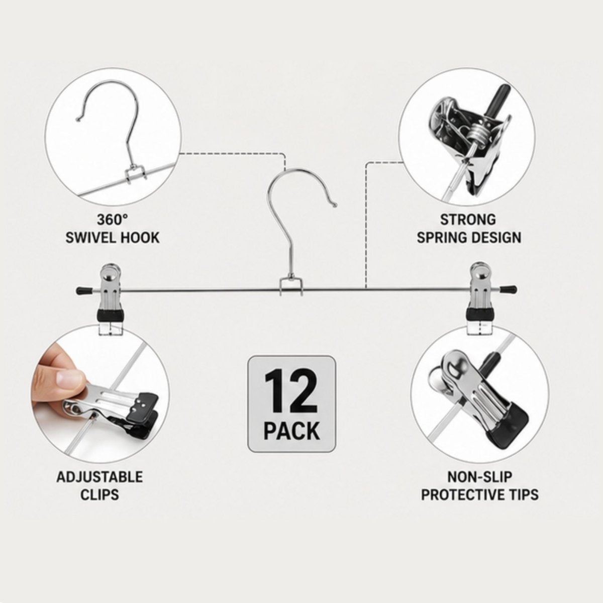 TBS Stainless Steel Adjustable Lightweight Clip Hangers – 12 Pack Space-Saving Pants, Skirt & Lightweight Garment Organizers - Trusted Best Sellers™