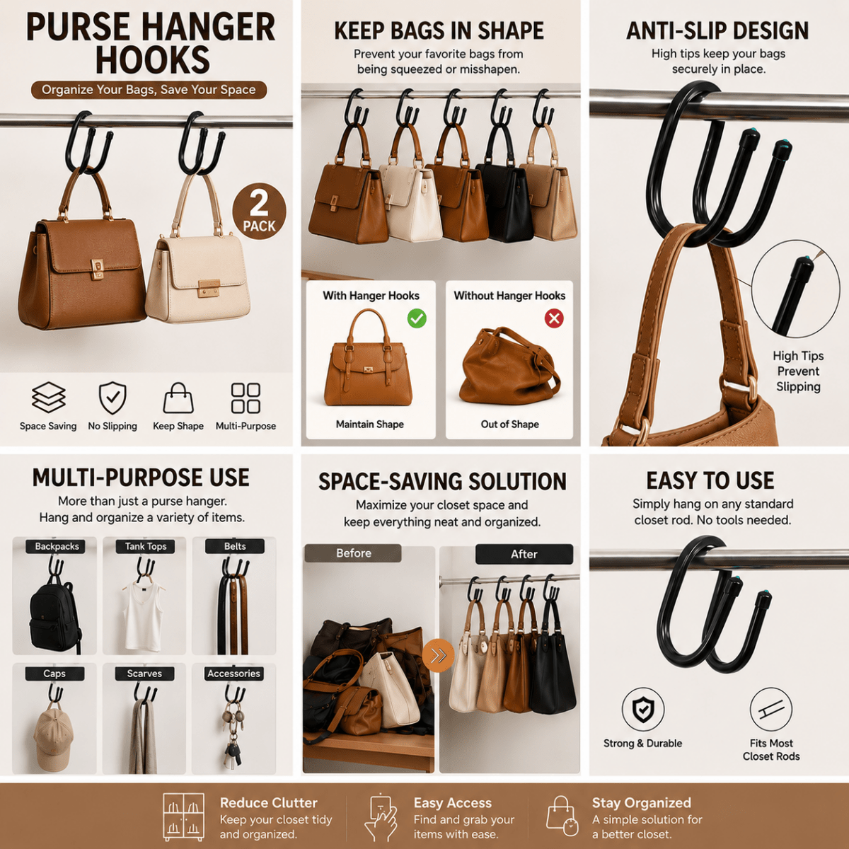 TBS Purse Hanger Hooks for Closet Organization – 2 Pack Space-Saving Handbag Hangers - Trusted Best Sellers™