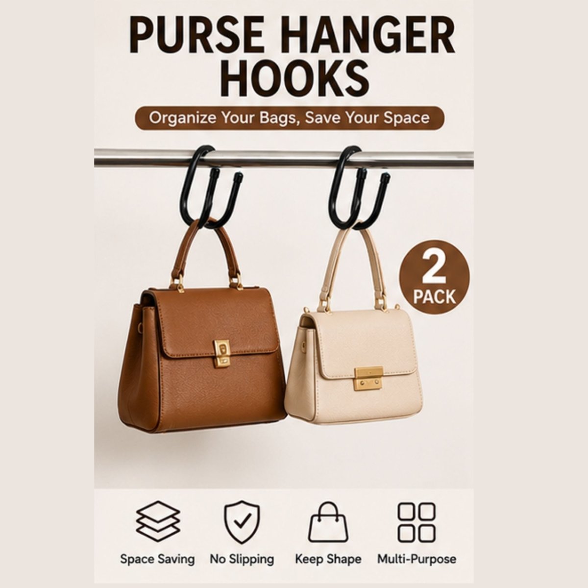 TBS Purse Hanger Hooks for Closet Organization – 2 Pack Space-Saving Handbag Hangers - Trusted Best Sellers™