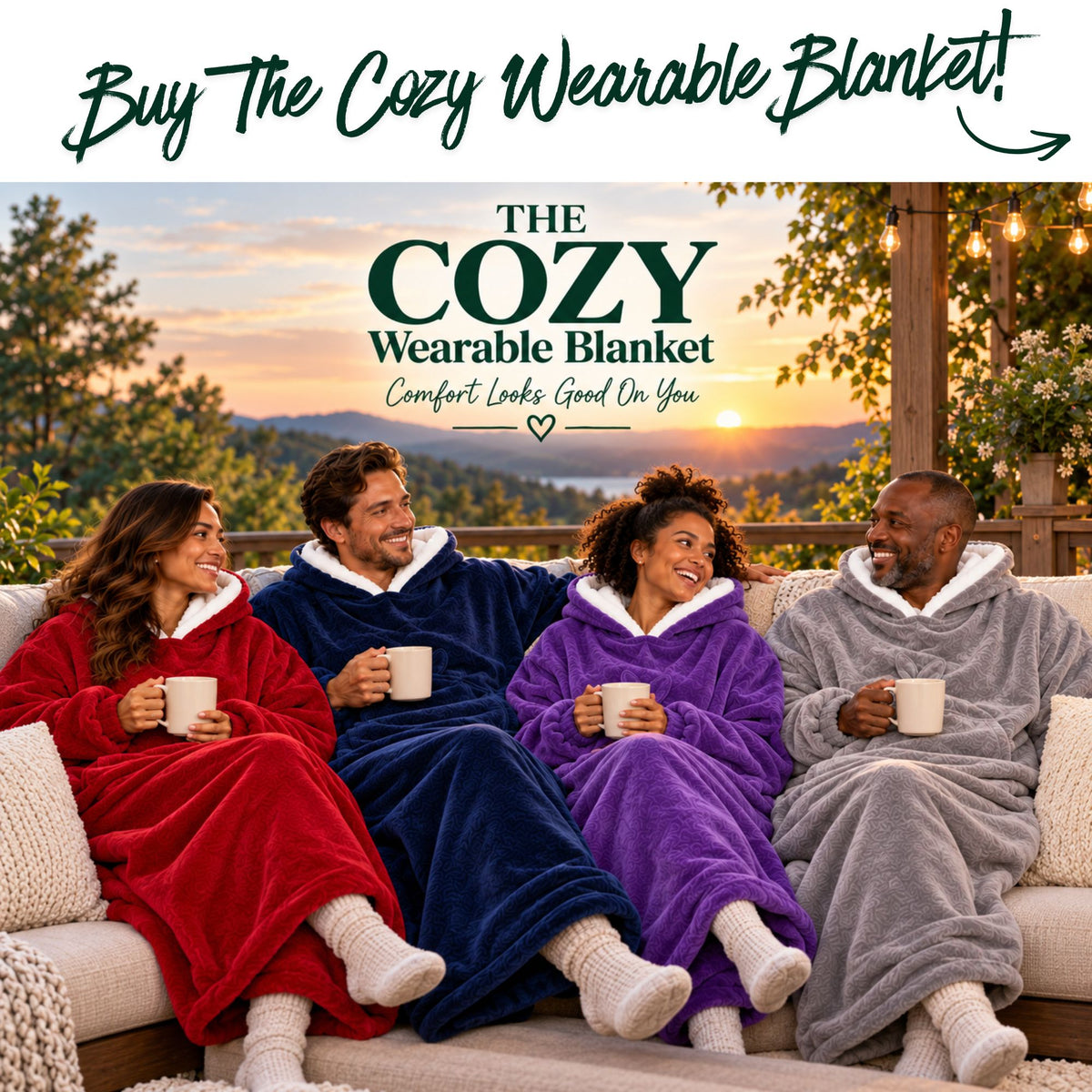Four people sitting on a couch outdoors at sunset, each wearing a different plush wearable blanket in red, navy, purple, and gray. Large text at the top reads 'Buy The Cozy Wearable Blanket!' and centered text reads 'THE COZY Wearable Blanket' with a subtitle about comfort.