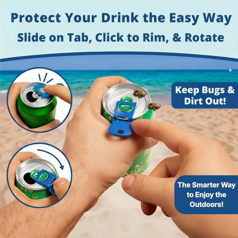 A blue and green can lid protector clip shown being used on a green beverage can, with a beach background and text overlays explaining how to slide, click, and rotate it to keep bugs and dirt out.