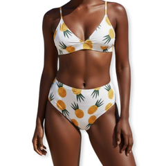 Fru-kini Watermelon/Pineapple Print Bikini - U.S. Sizes 6 - 10 - Playful Summer Vibes in Red & Yellow - Comfortable Polyester Fabric - Sizes S, M, L - Perfect Beach Wardrobe Piece