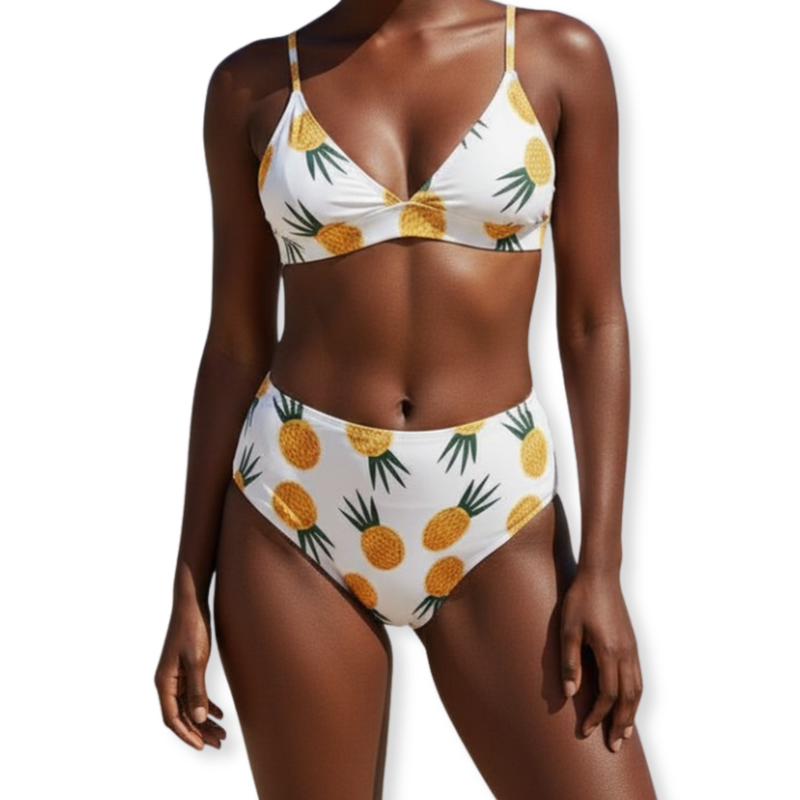 Fru-kini Watermelon/Pineapple Print Bikini - U.S. Sizes 6 - 10 - Playful Summer Vibes in Red & Yellow - Comfortable Polyester Fabric - Sizes S, M, L - Perfect Beach Wardrobe Piece