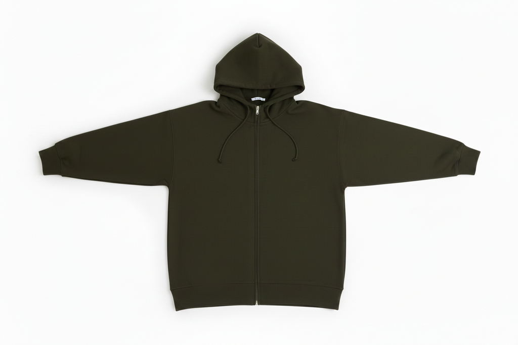 An olive green full-zip hoodie with a drawstring hood, laid flat against a clean white background.