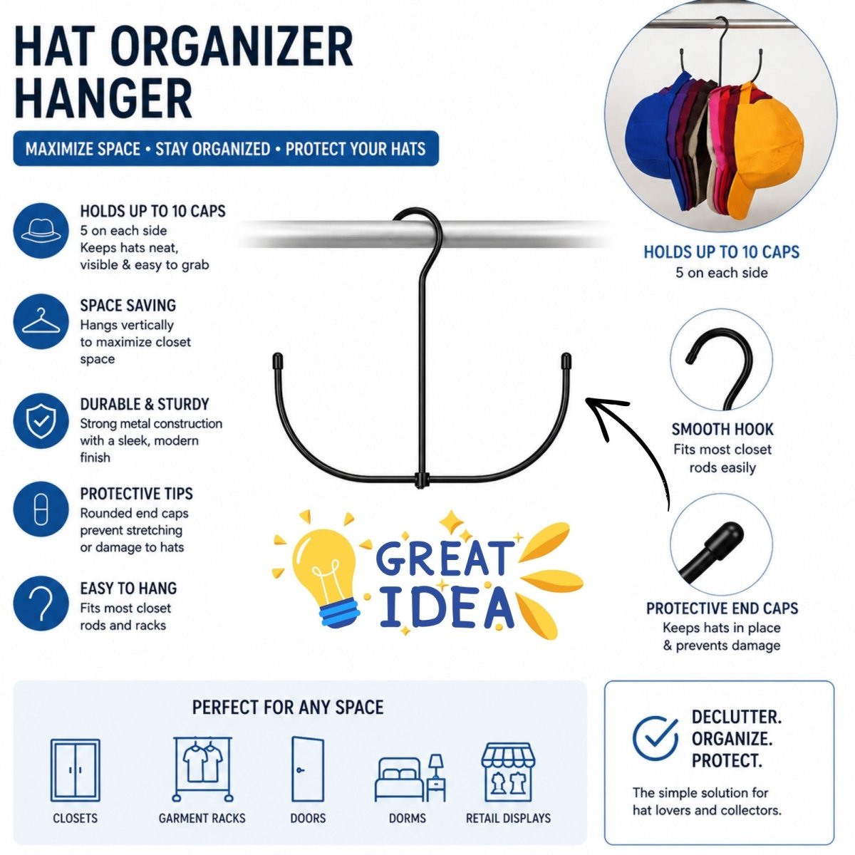 TBS Metal Closet Hat Organizer Hat Racks for 10 Baseball Caps - Trusted Best Sellers™