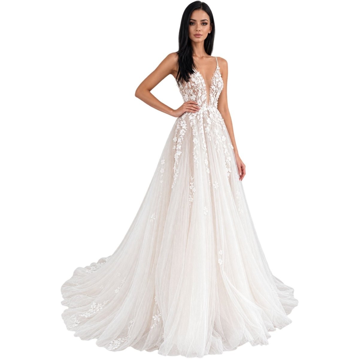 The White Ivy A-line Tulle Dress with Plunging V-Neckline and Floral lace Appliqués - Trusted Best Sellers™. All Rights Reserved. Trusted Best Sellers LLC.