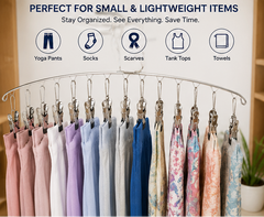 Clothing rack with various items including yoga pants, socks, scarves, tank tops, and towels, with text about organization.