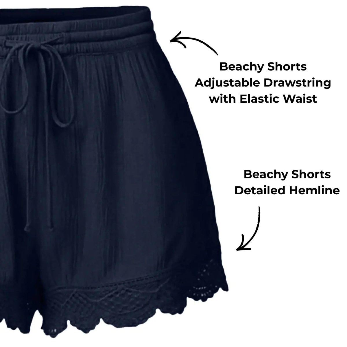 Close-up of navy blue beachy shorts with a drawstring waist, elastic waistband, lace hem.