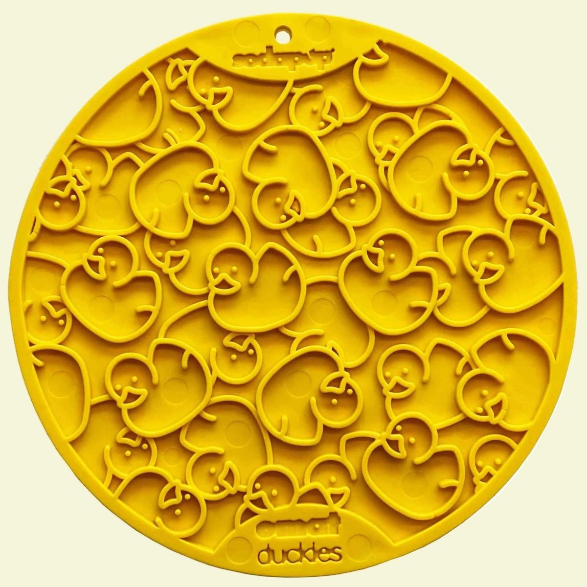 Yellow silicone placemat with cute duck designs, perfect for slow feeding and mental stimulation.