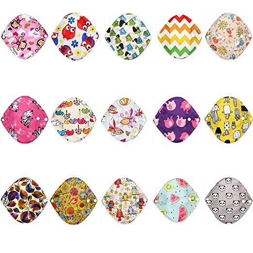 Set of colorful clothe sanitary pads with various patterns on a white background