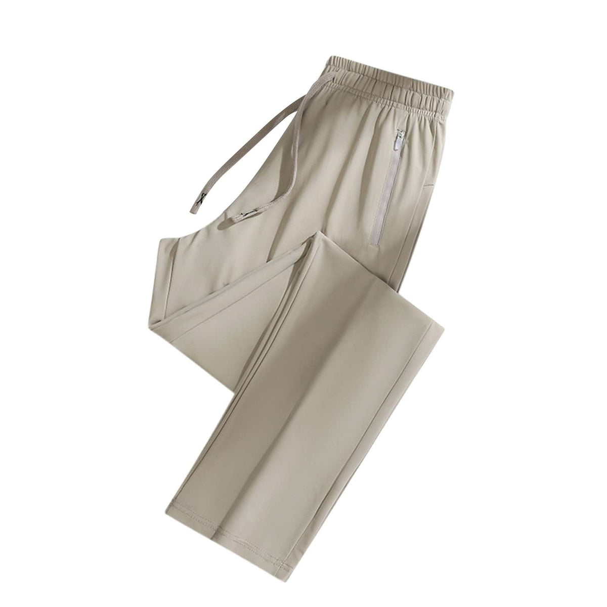 A pair of light beige athletic pants with an elastic waistband, drawstring, and zippered side pocket,