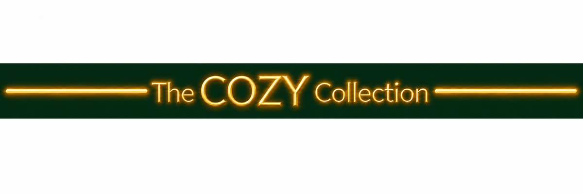 A dark green banner with glowing yellow text reading 'The COZY Collection' and matching horizontal lines on each side, set against a white background.
