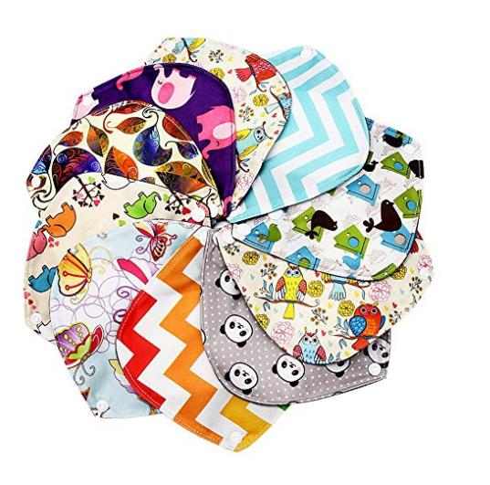 Set of colorful clothe sanitary pads with various patterns on a white background
