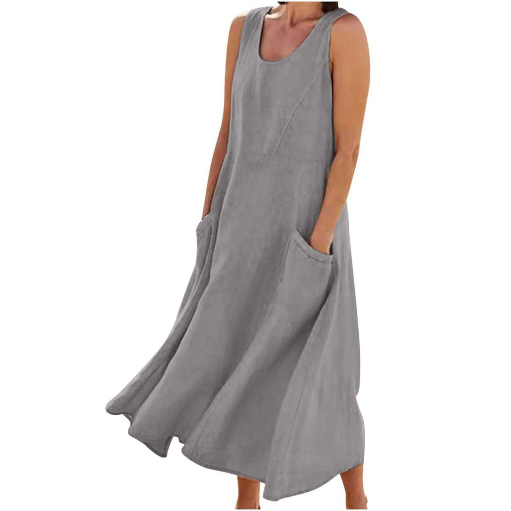 Generic Linen Sundresses for Women Casual Beach Dress Sleeveless Tank Dress Solid Color Maxi Dress with Pockets 5X-Large Gray - Trusted Best Sellers™