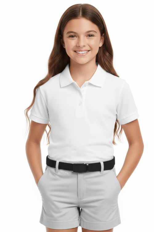A young girl with long brown hair smiling, wearing a white short-sleeve polo shirt, light gray shorts, and a black belt.